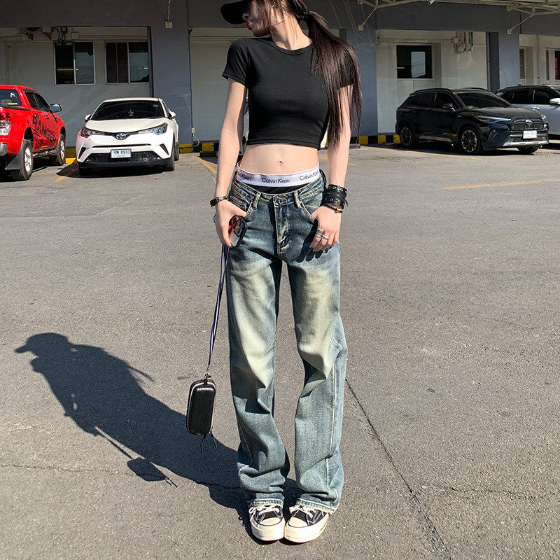 DTFT美式覆古水洗微喇小个子窄版阔腿裤女高腰宽松显瘦直筒牛仔裤
