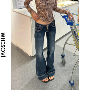 易梦玲同款低腰微喇牛仔裤女2026新款深蓝色美式修身辣妹喇叭裤子