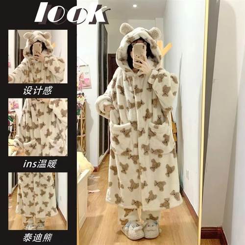 泰迪熊连帽加绒加厚睡袍女冬季