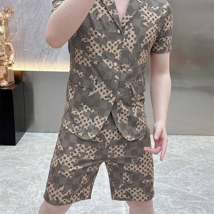 潮牌夏季新款印花短袖短裤套装男士时尚修身休闲轻奢百搭西装高档
