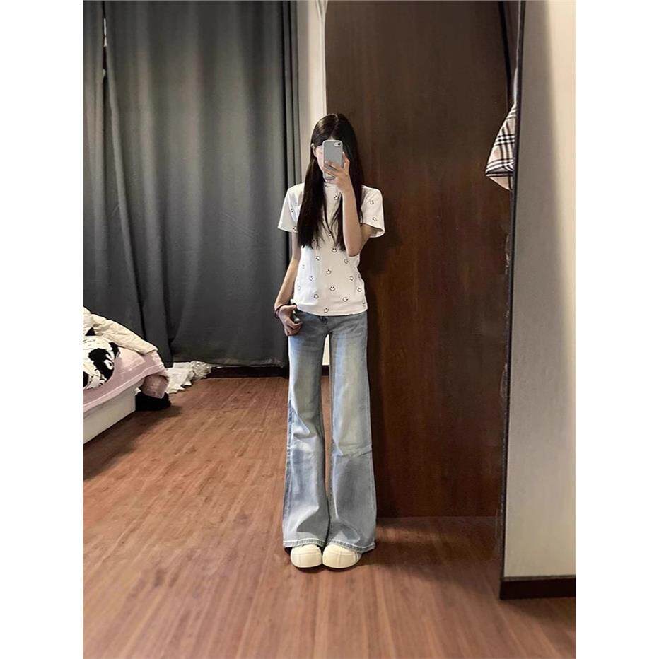 浅蓝低腰微喇牛仔裤女2026夏季薄款辣妹宽松垂感显瘦拖地马蹄裤子
