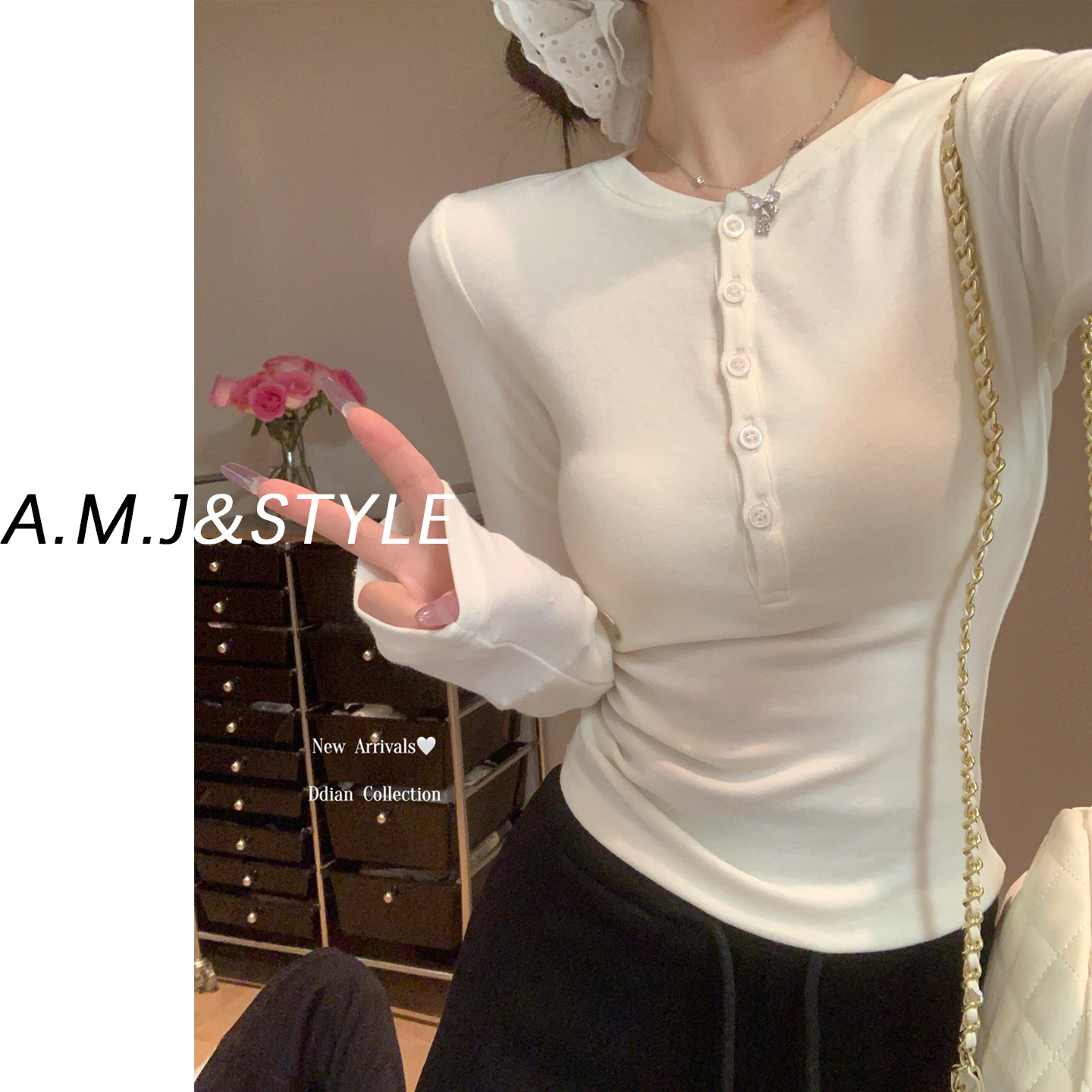 韩系亨利领纽扣长袖T恤女