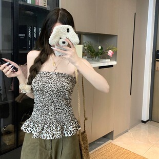 上衣 复古豹纹露背无袖 抹胸背心女夏季 美式 辣妹设计感裙摆下摆小衫