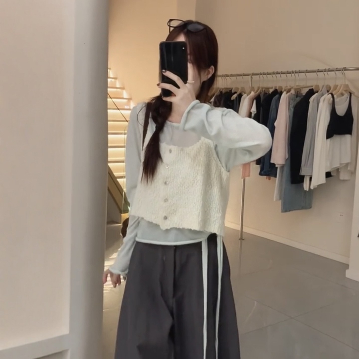 针织背心叠穿内搭长袖打底衫
