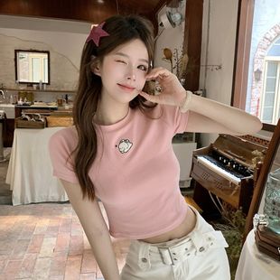 兔子刺绣粉色露脐正肩短袖 甜辣妹chic小上衣 t恤女夏修身 高腰短款