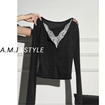 高级感假两件蕾丝V领长袖T恤女