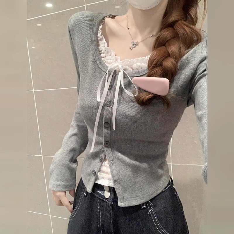 假两件蕾丝边灰色针织衫长袖上衣