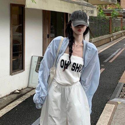 慵懒风蓝色防晒外套女夏薄款小个子休闲宽松短款吊带外搭开衫上衣