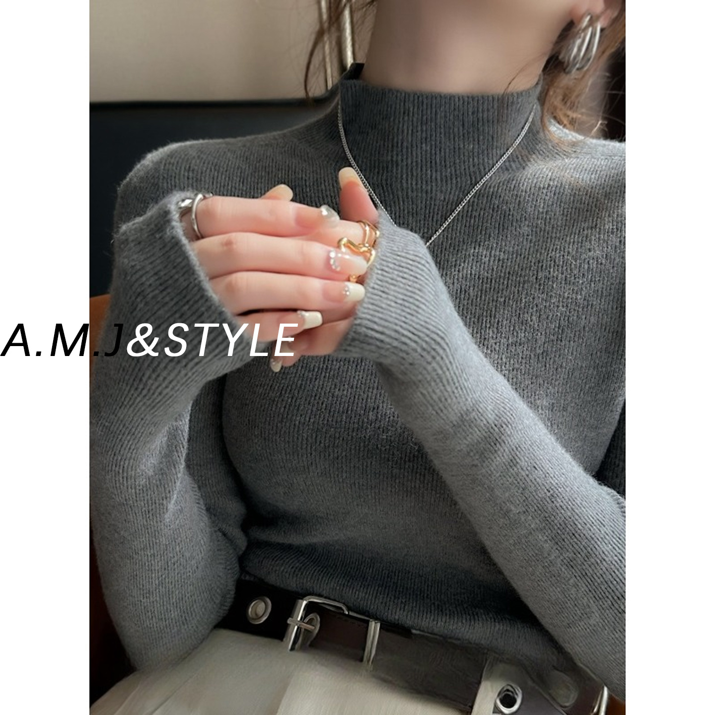 灰色半高领毛衣羊毛内搭打底衫女