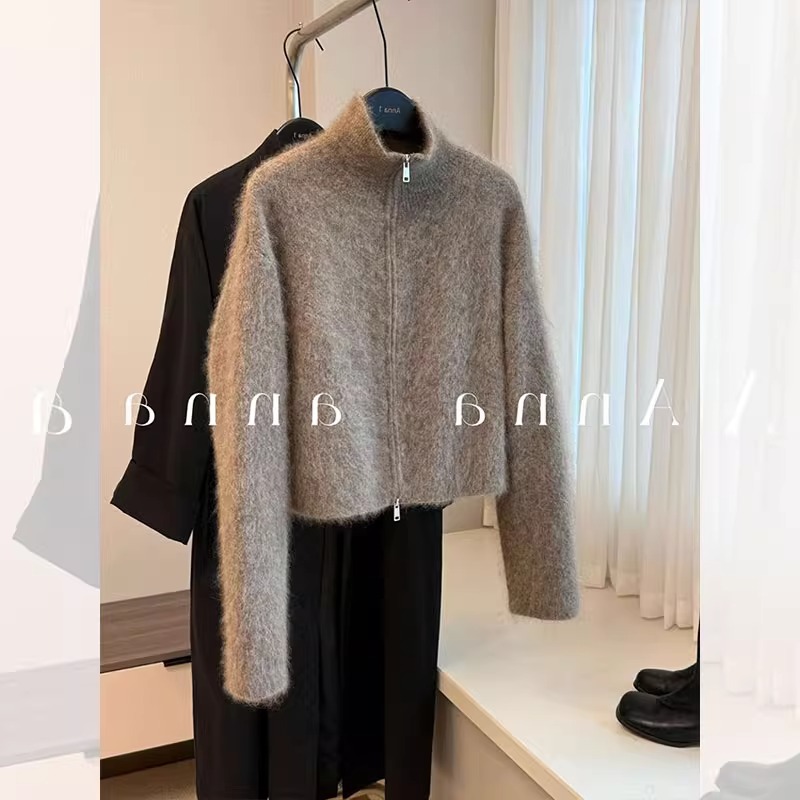 高领水貂绒开衫毛衣外套别致上衣