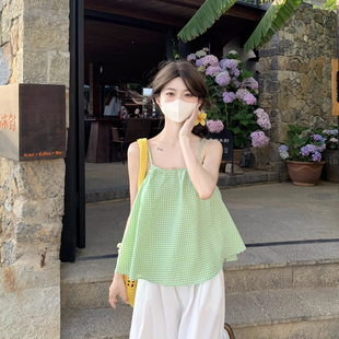 上衣 多巴胺绿色格子吊带背心女夏季 2025新款 法式 甜美外穿宽松无袖