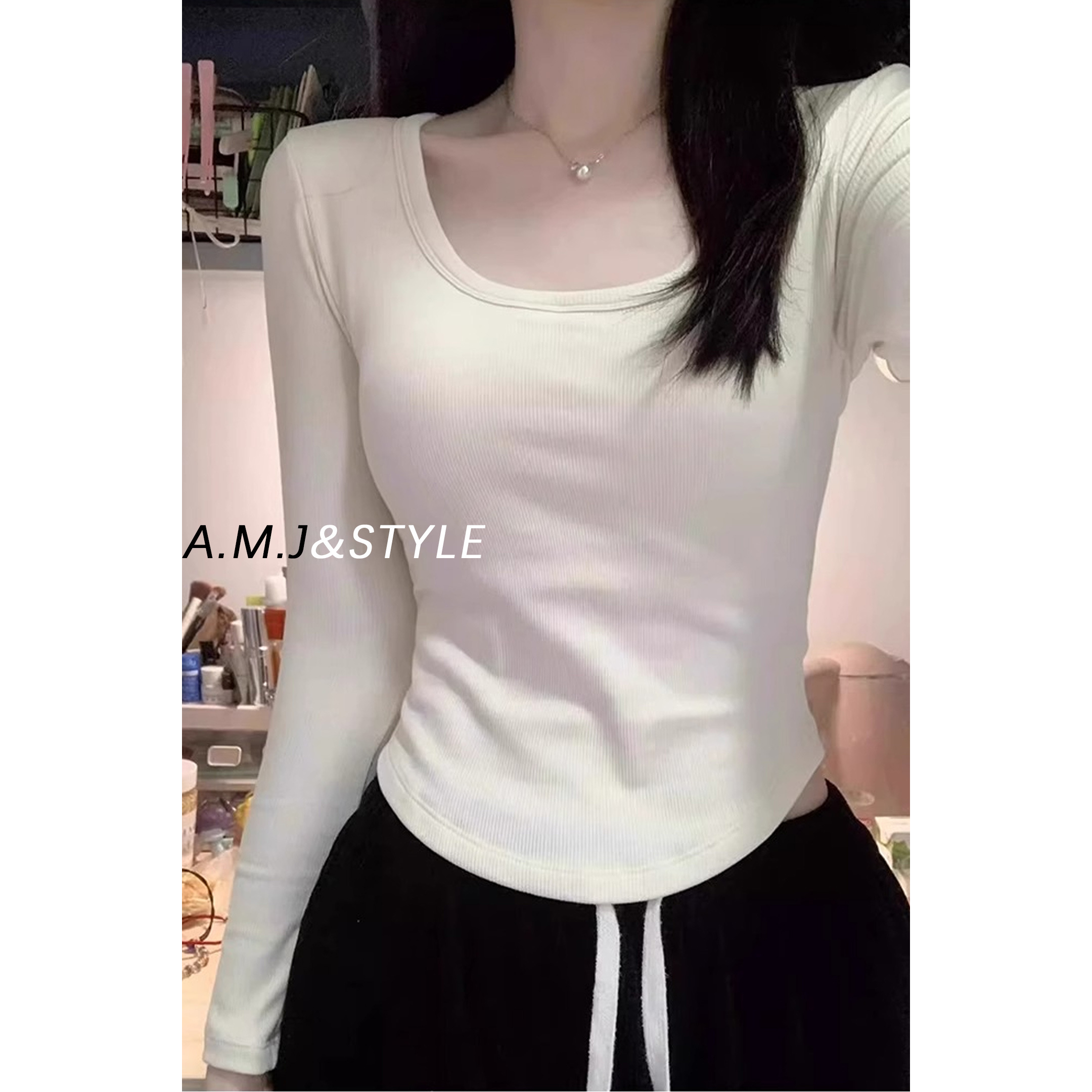 正肩长袖t恤女修身内搭打底衫