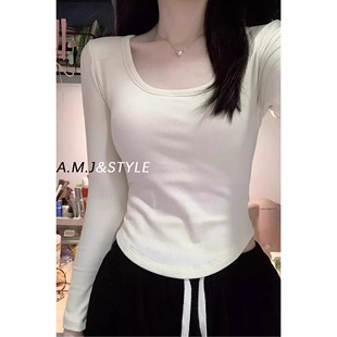 白色U领长袖t恤女2025秋冬新款内搭修身短款保暖加绒打底衫上衣潮