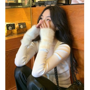 韩系穿搭仿貂毛拼接长袖针织衫女春季修身内搭毛衣短款打底衫上衣