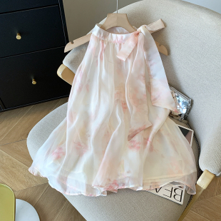 2025新款 法式 女夏季 挂脖无袖 甜美减龄蝴蝶结系带露肩上衣 雪纺衬衫