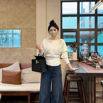 法式一字肩毛衣不规则斜肩针织衫