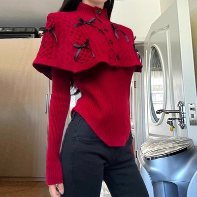 圣诞穿搭红色斗篷披肩毛衣针织衫