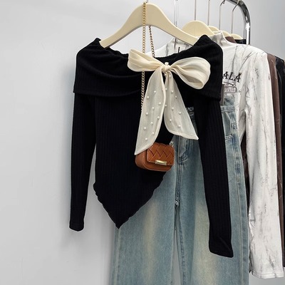 一字肩蝴蝶结打底衫女内搭上衣