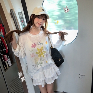 夏天巨好看上衣女长袖 外穿白色t恤 印花防晒罩衫 微透轻薄2025新款