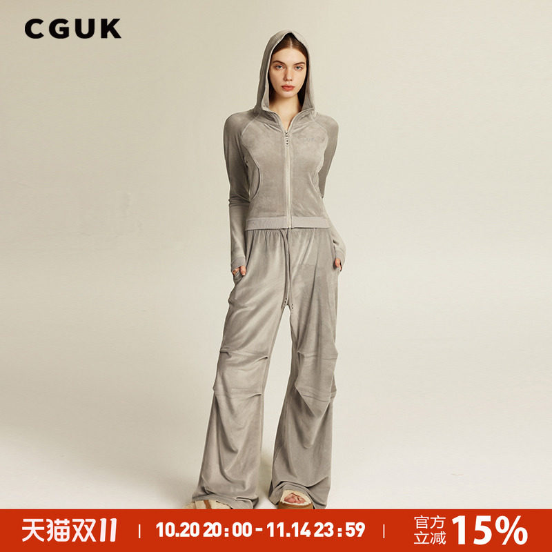 【林允同款】CGUK 新款女士丝绒修身连帽拼接外套丝绒捏褶阔腿裤