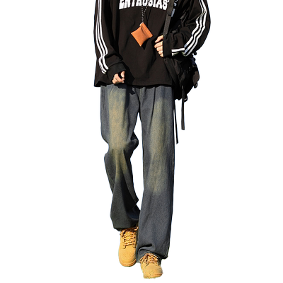 CetKy复古牛仔裤男款夏季美式阔腿休闲长裤松紧后腰直筒裤子薄款