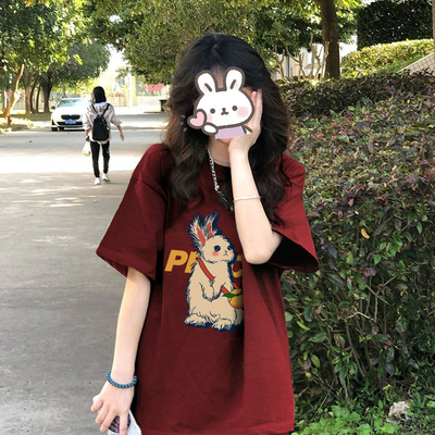 酒红色短袖t恤女ins潮夏季宽松圆领小众设计oversize半袖正肩上衣