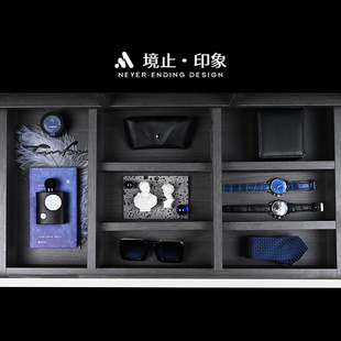 现代极简商务男士 手表眼镜摆件 蓝色样板间展厅岛台抽屉百宝格软装