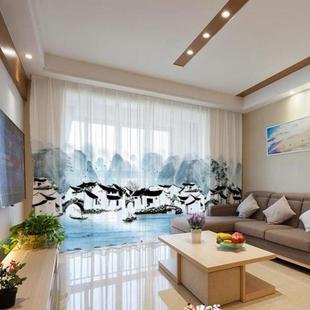 雪纺纱水墨画印花窗纱中国风山水画茶楼数码 新中式 印花成品窗帘
