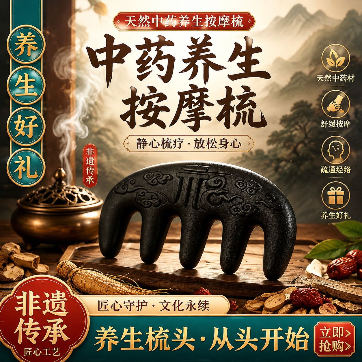 草本梳子何首乌当归合香梳养发护发防掉发滋养头皮梳子送长辈礼品