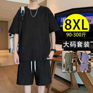 男夏季 休闲套装 黑色纹理感短袖 两件套8xl 美式 宽松t恤短裤 新款 大码