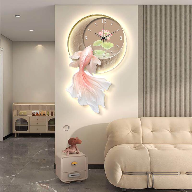 锦鲤挂钟表e客厅钟装饰画创意J598发光灯餐厅画电视景背墙时钟玄