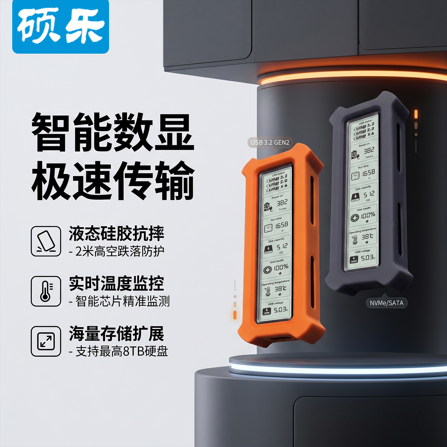 硕乐M.2固态硬盘盒子大屏数显nvme/sata双协议移动硬盘外接盒