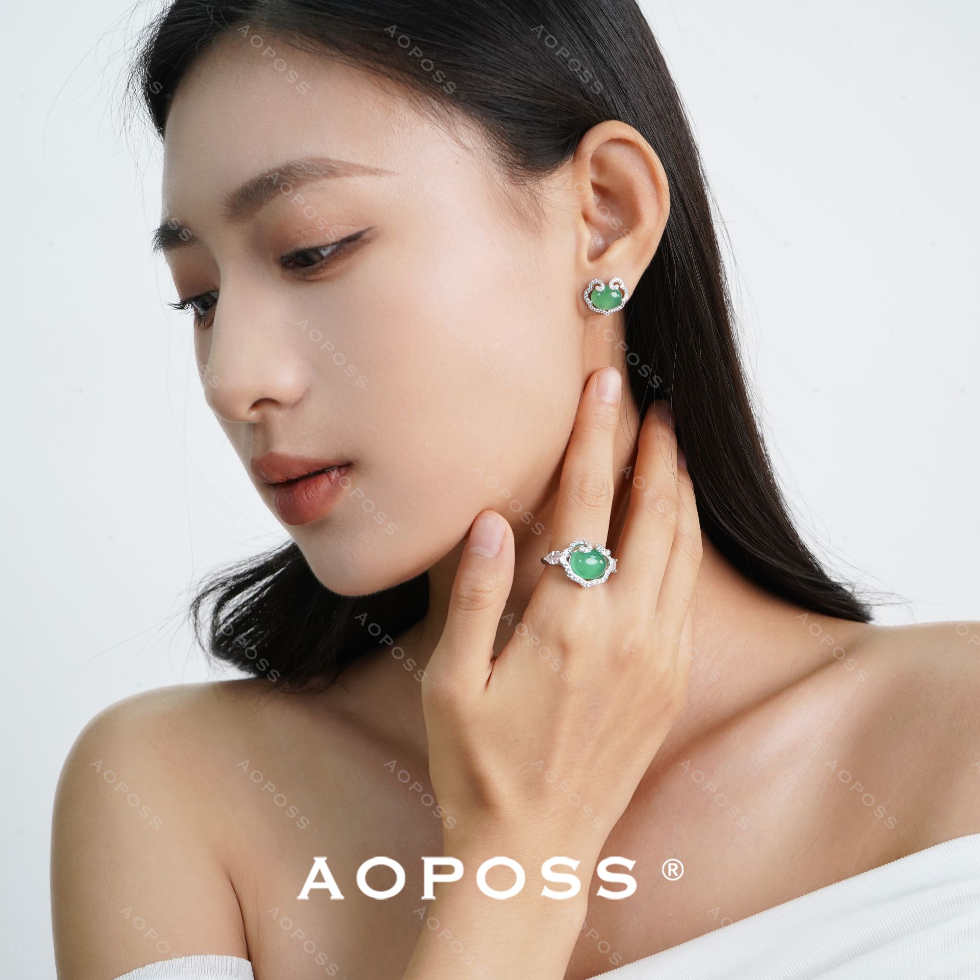AOPOSS[如意算盘]耳钉耳夹戒指项链女款原创设计国风小众饰品绿色