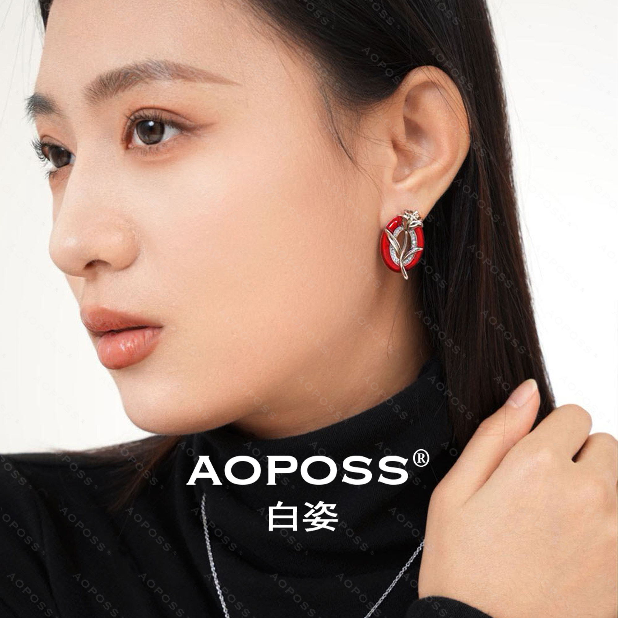 AOPOSS白姿 镀K金 [红心玫瑰]耳钉耳夹女款原创设计小众复古耳饰