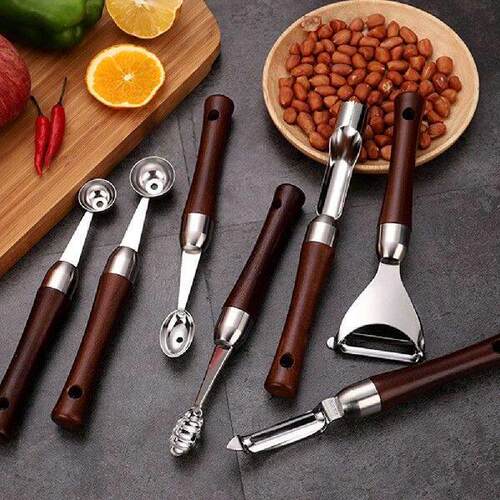 Fruit Ball Stainless Steel Wood Watermelon Melon Spoon