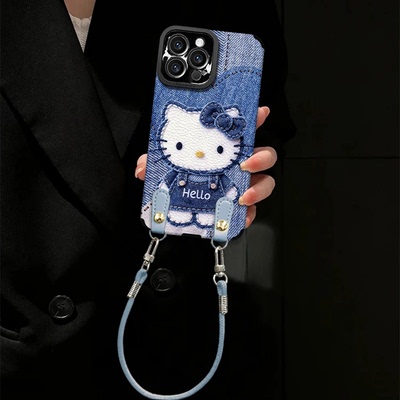 皮质牛仔猫咪适用苹果17promax手机壳华为mate60秋冬新款pura70创意OPPOReno14可爱vivos30腕带挂绳荣耀400女