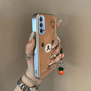 可爱棕熊适用OPPOReno4手机壳新款PDPM00防摔镜头全包男女带挂绳电镀外壳创意保护套高级感时尚个性小众情侣