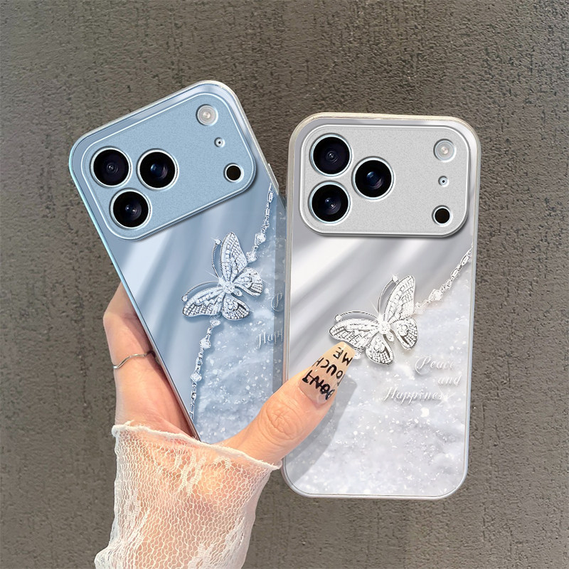 钻石蝴蝶适用苹果17promax手机壳iPhone16/15pro新款14女13mini全包xsmax防摔xr12pro硬壳11玻璃ip6s/7/8plus