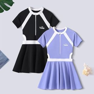 新款儿童泳衣女孩儿童专业连体泳装中大童裙子保守速干防晒游泳衣