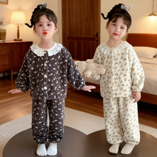 冬季雪粒绒花边开衫加绒加厚保暖睡衣中大童家居服套装男女宝宝