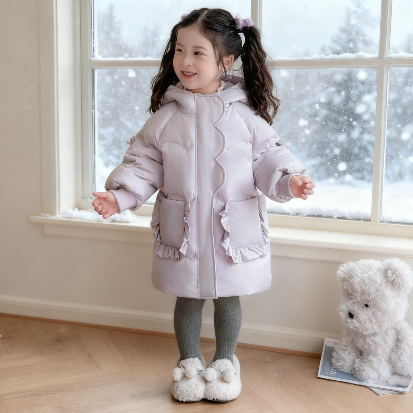 女童羽绒服中长款加厚外套紫色