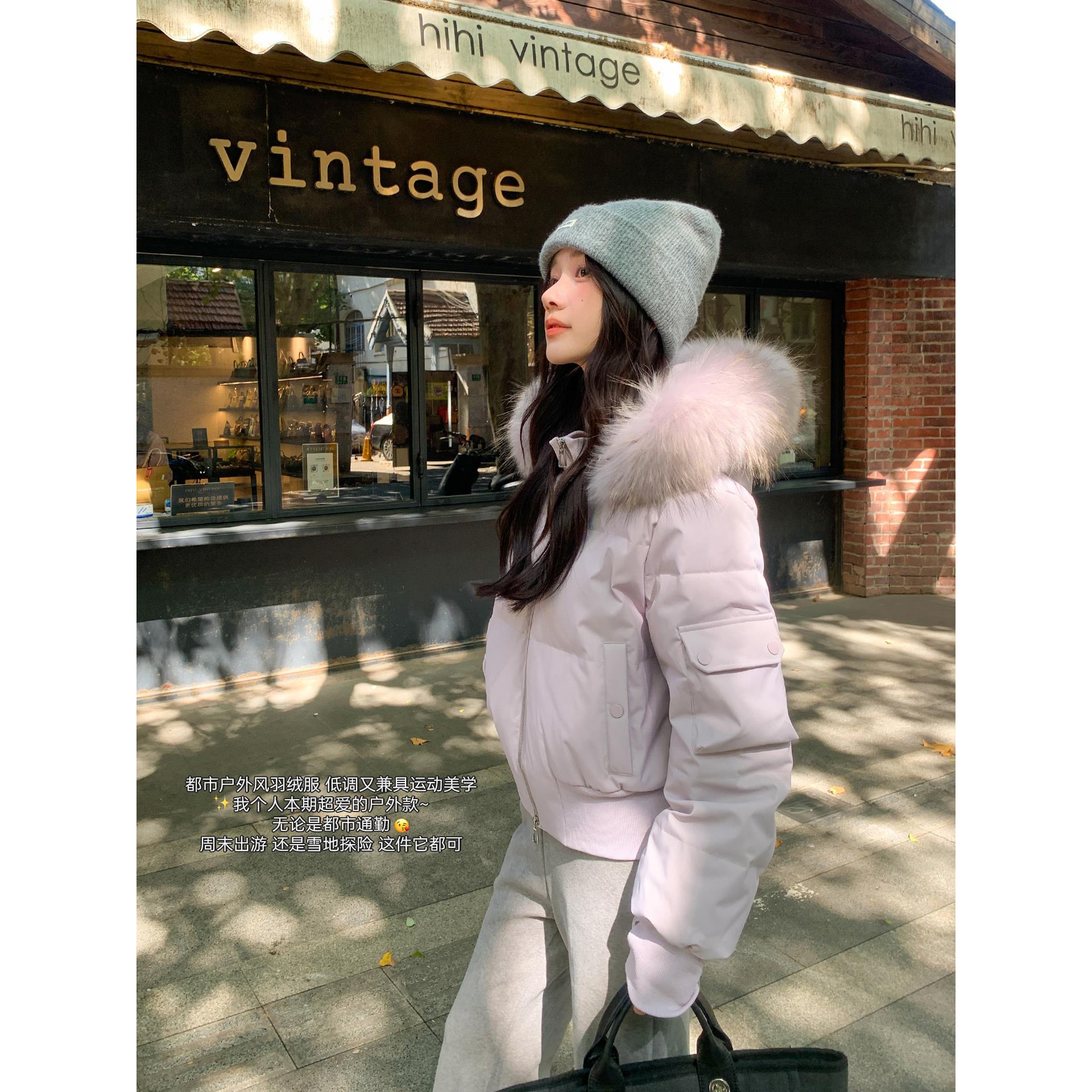 雪映阑珊~貉子毛领90白鸭绒羽绒服女冬防风短款连帽外套高级感