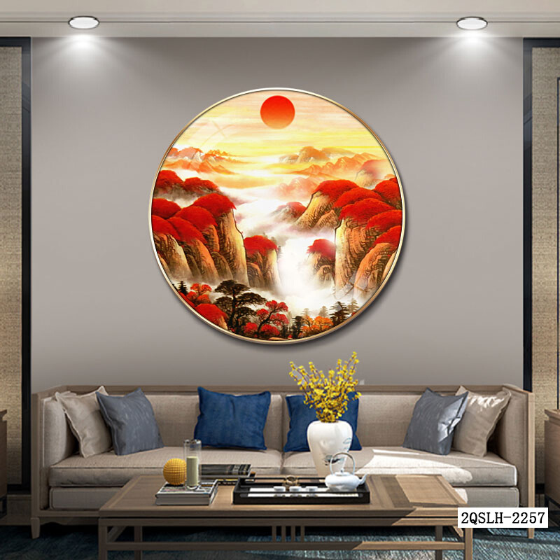 新中式客厅装饰画鸿运当头圆形挂画沙发背景墙面背靠大山无水壁画图片