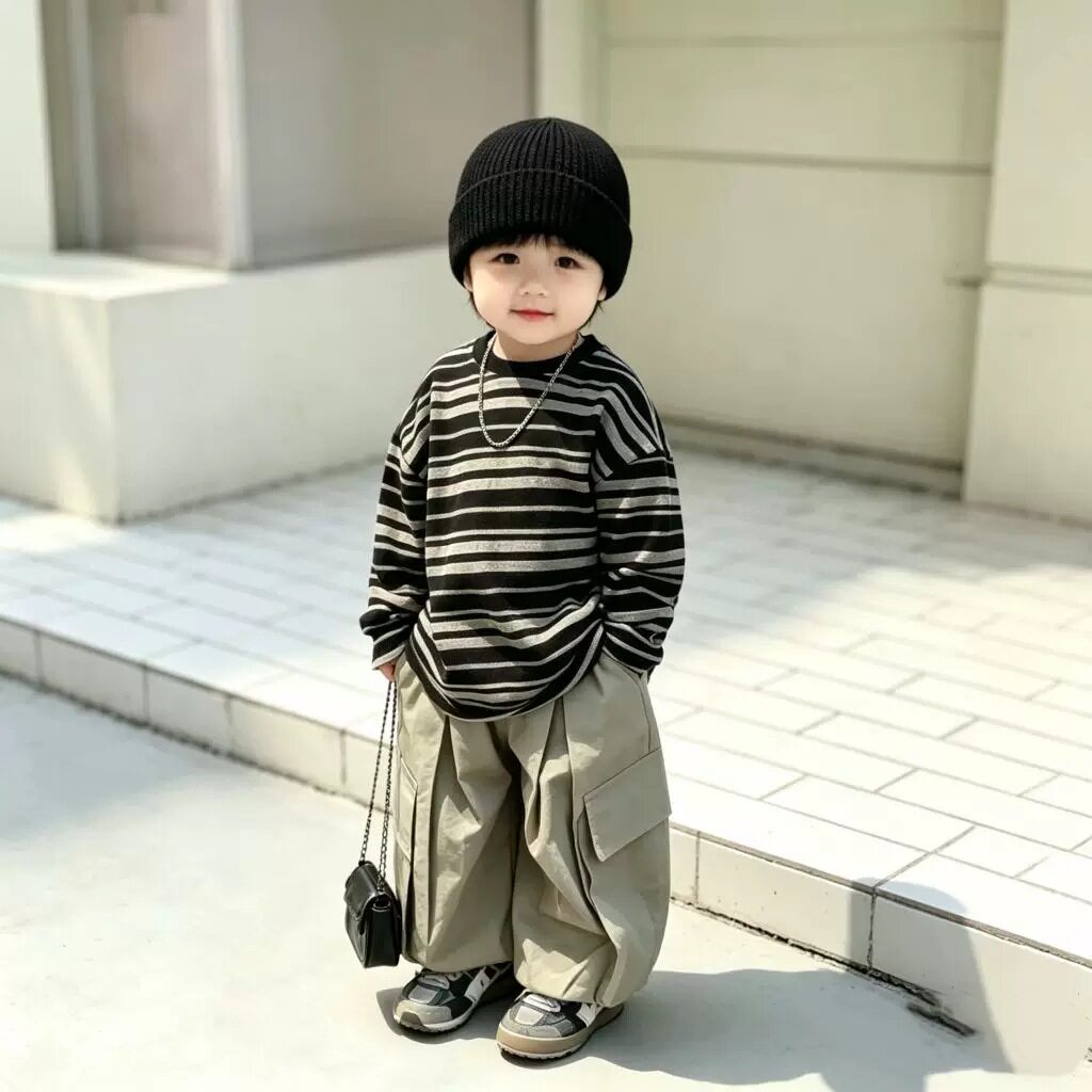 男童春秋条纹长袖T恤儿童秋款上衣工装裤套装童装打底衫童装Z058