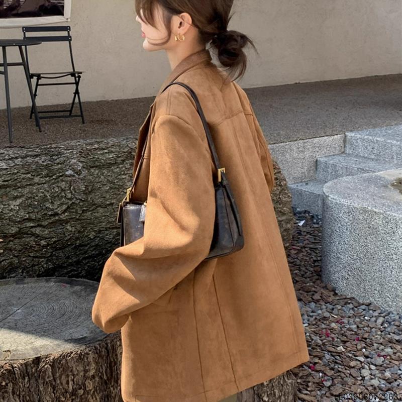 麂皮绒棕色西装外套女秋季美拉德覆古高级设计感宽松休闲气质皮衣