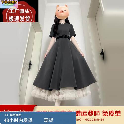 法式灰色蕾丝连衣裙子女夏季2025新款爆款绝美修身长裙高腰大摆裙