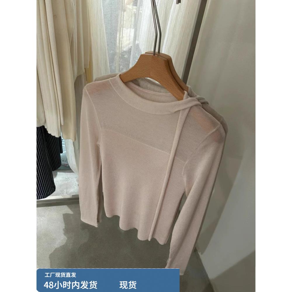 纯色风格谨慎的稍微透明的针织衫底衬衫的妇女秋冬蝴蝶结丝带高底
