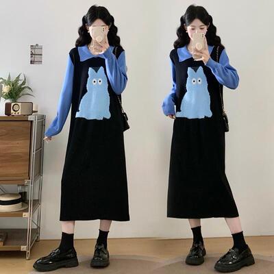 黑色假两件针织连衣裙女2025秋冬大码胖mm宽松巨显瘦打底毛衣裙子
