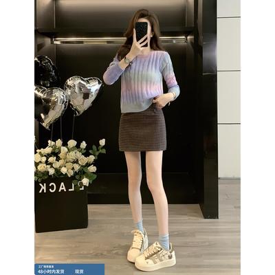 小香风套装2025新款爆款设计感小众毛衣高腰毛呢格子半身裙两件套