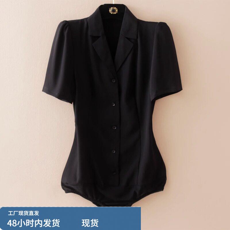 OL职业短袖黑色西装领连裆衬衫女2026年夏季新款气质通勤连体上衣